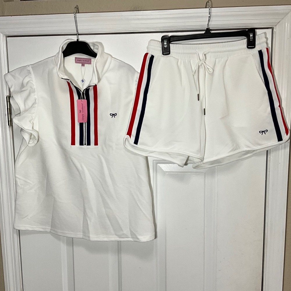 Simply Southern White Ribbed 2 Piece Set Flutter Sleeve Top and Shorts Large NWT